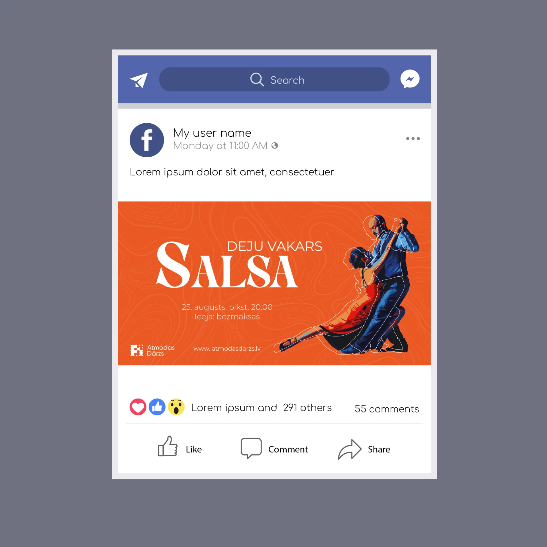 Salsa Night Facebook post in orange — Atmodas Dārzs event graphics