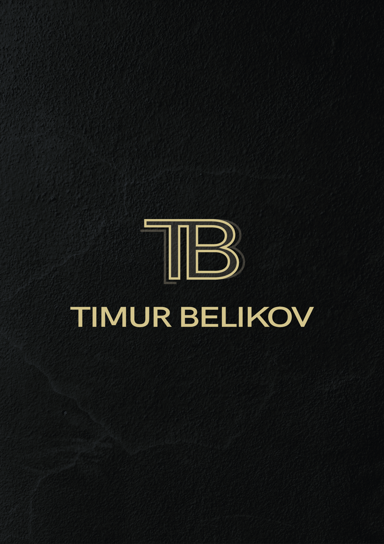 Gift certificate back with a gold TB monogram above the name Timur Belikov on a dark textured surface