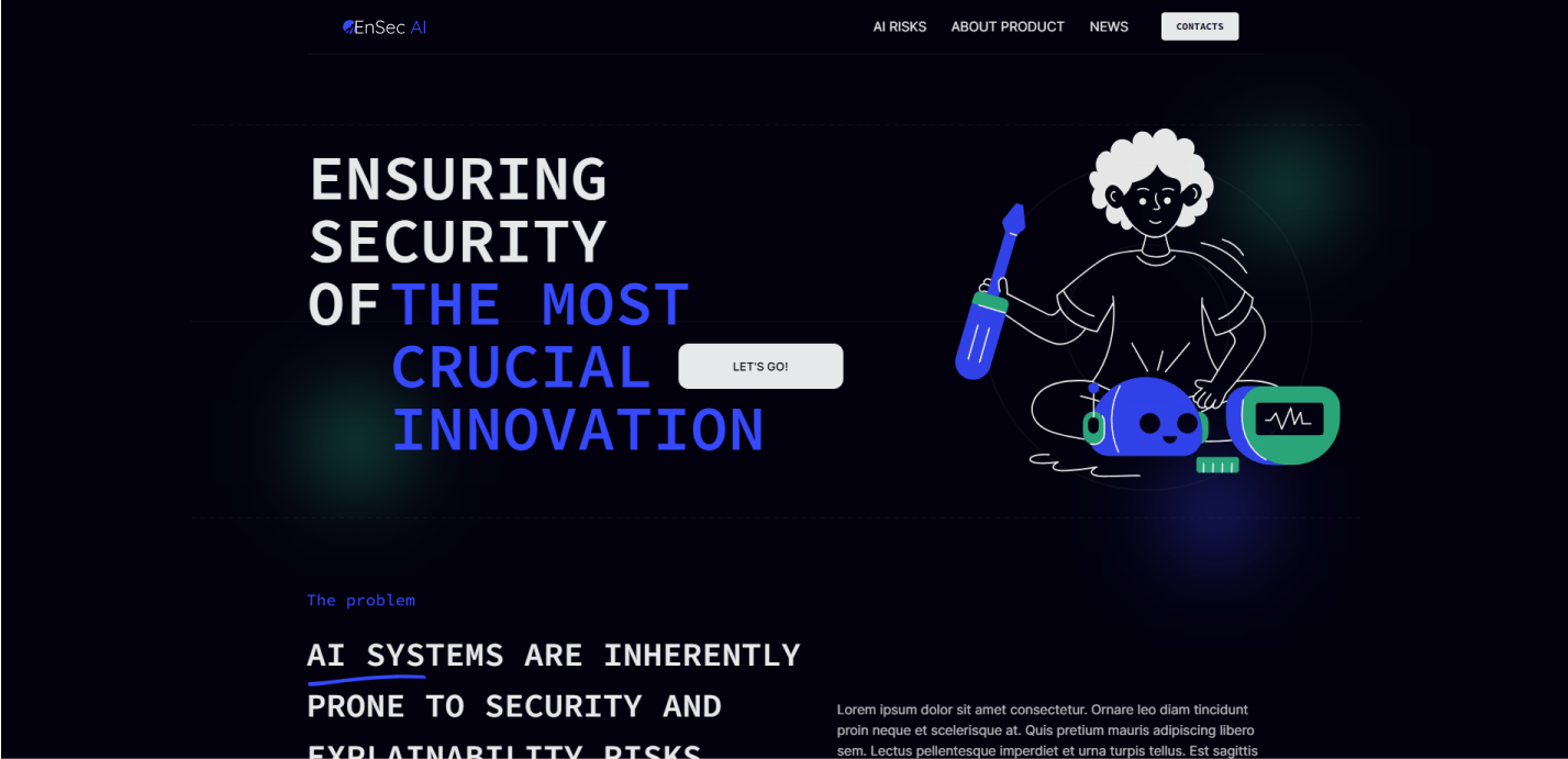 EnSec AI website homepage design with headline and illustration
