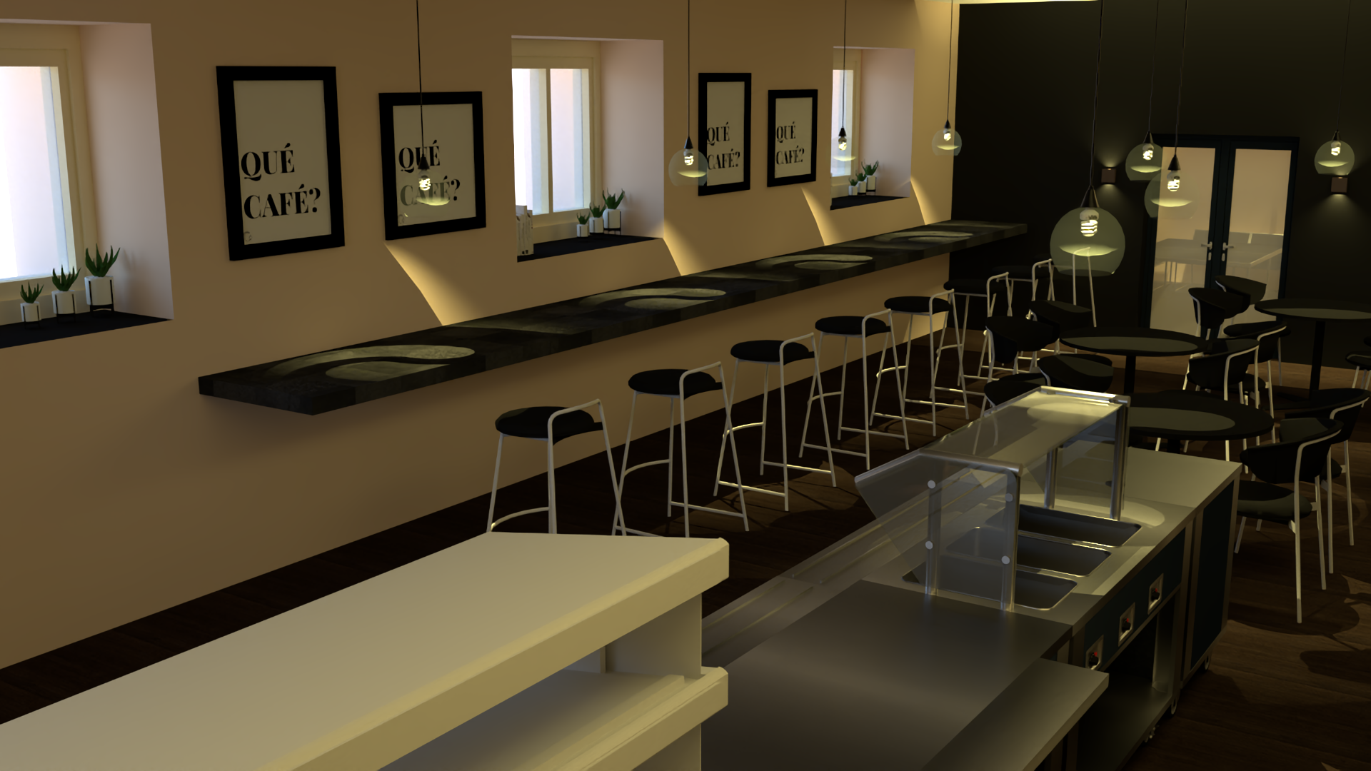3D render of a café bar with framed QUÉ CAFÉ posters, window light and bar stools