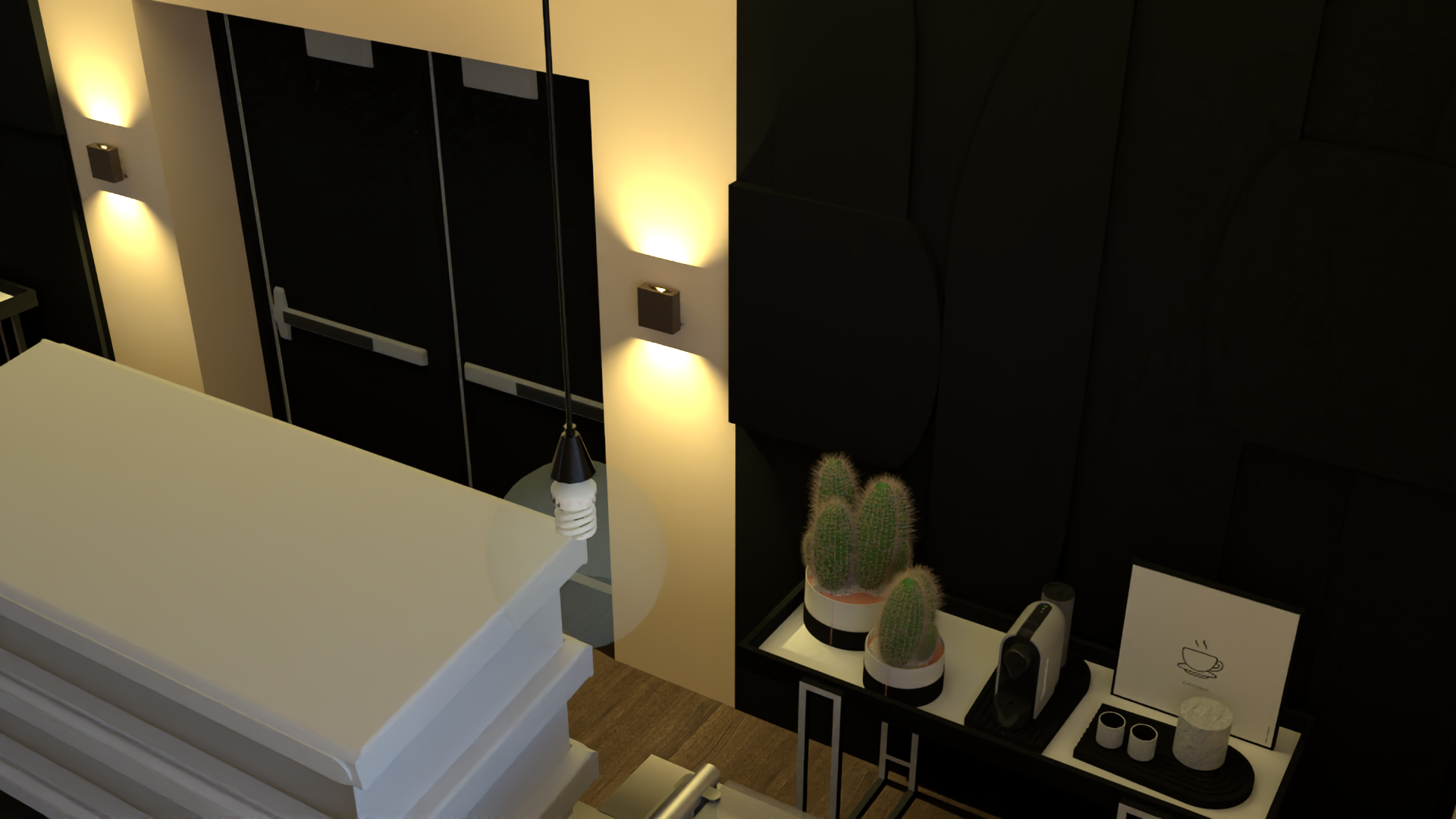 Close-up 3D render of café wall lighting, cacti and a coffee station detail
