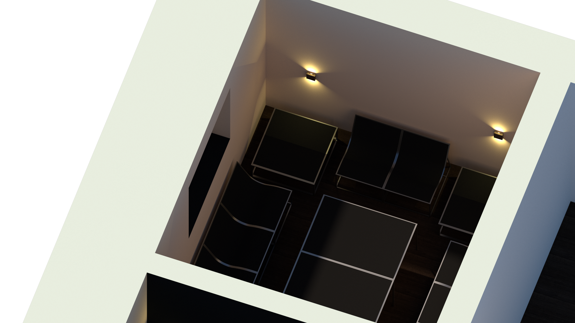 Top-down 3D render of a small lounge with dark armchairs and wall lights