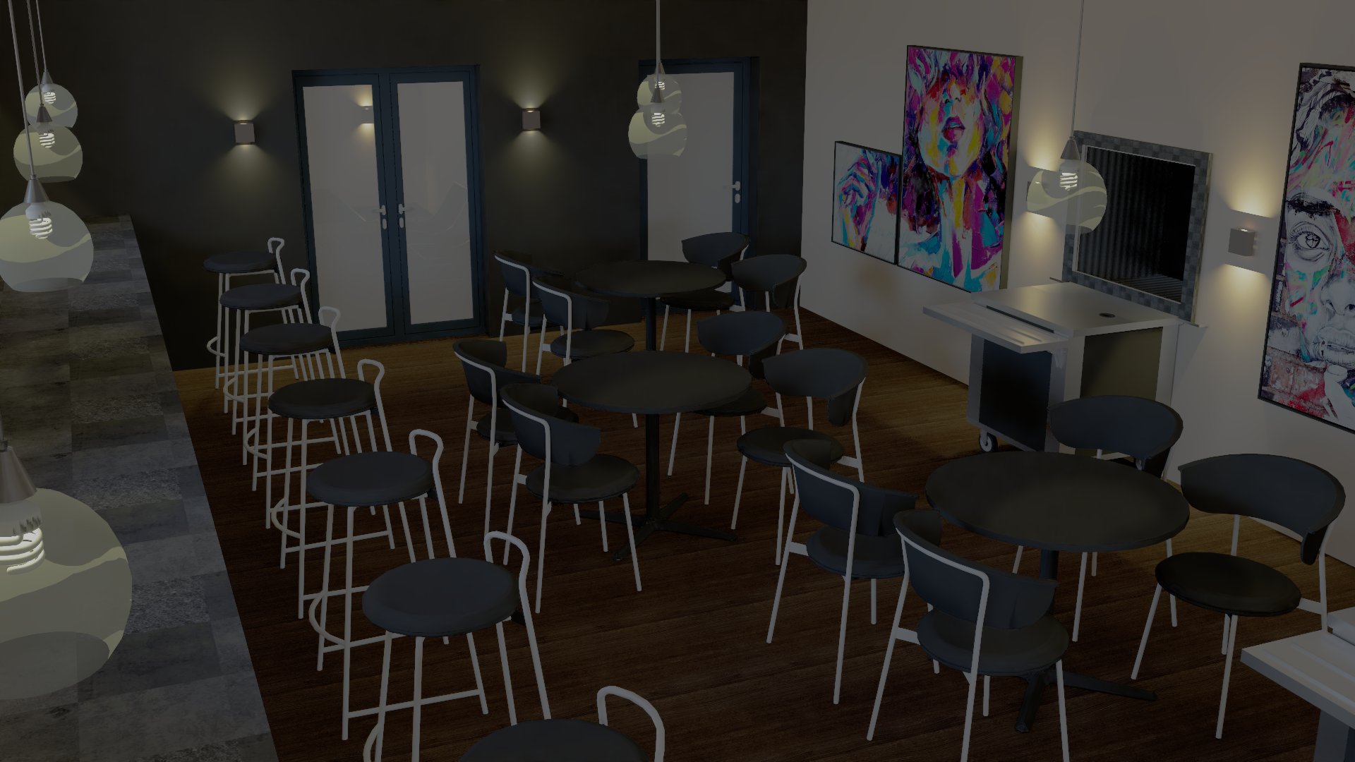 3D visualisation of a dark café interior with framed artwork, round tables and pendant lights