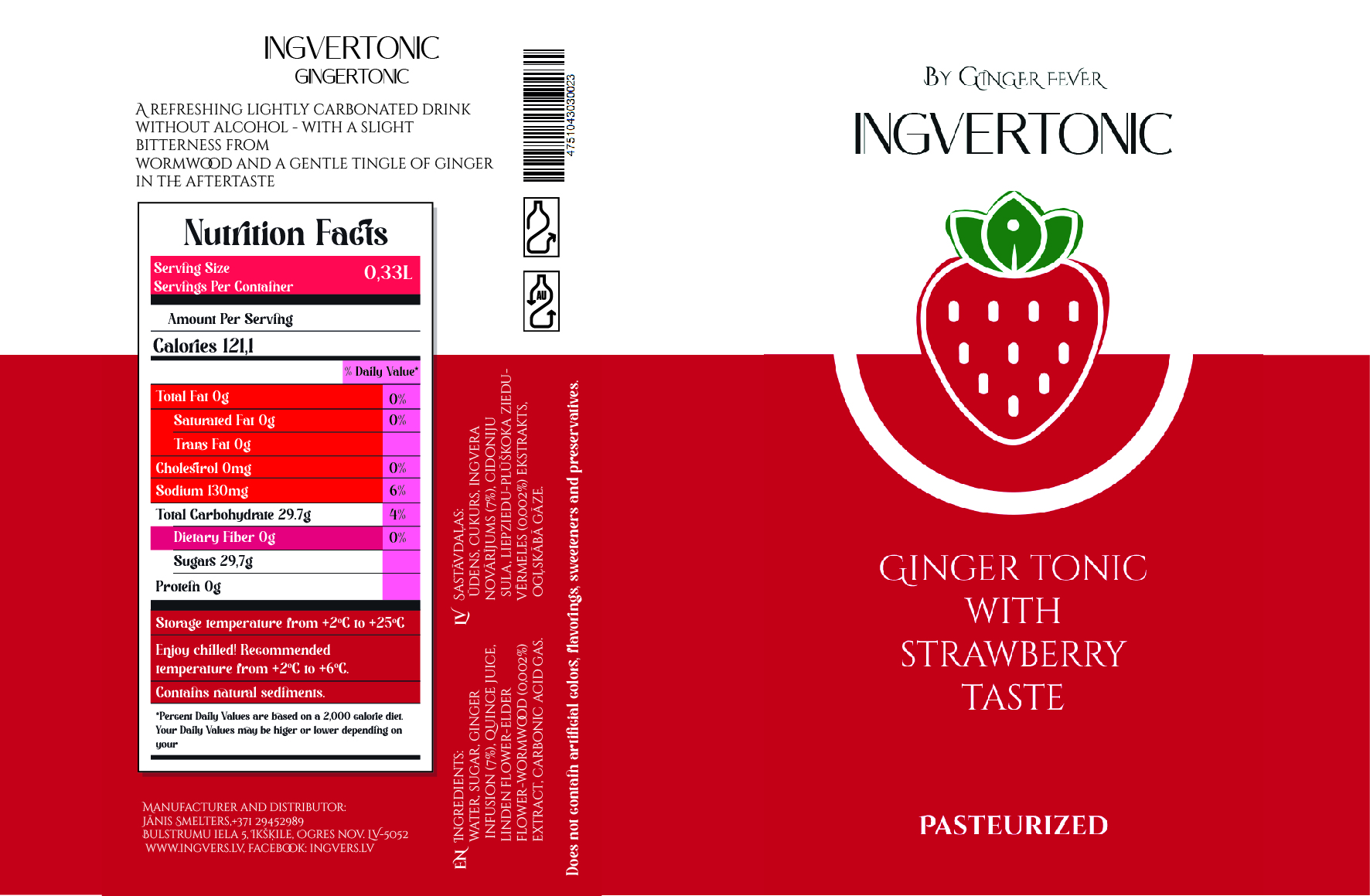 Ginger Tonic with Strawberry Taste — Flat label artwork with nutrition panel