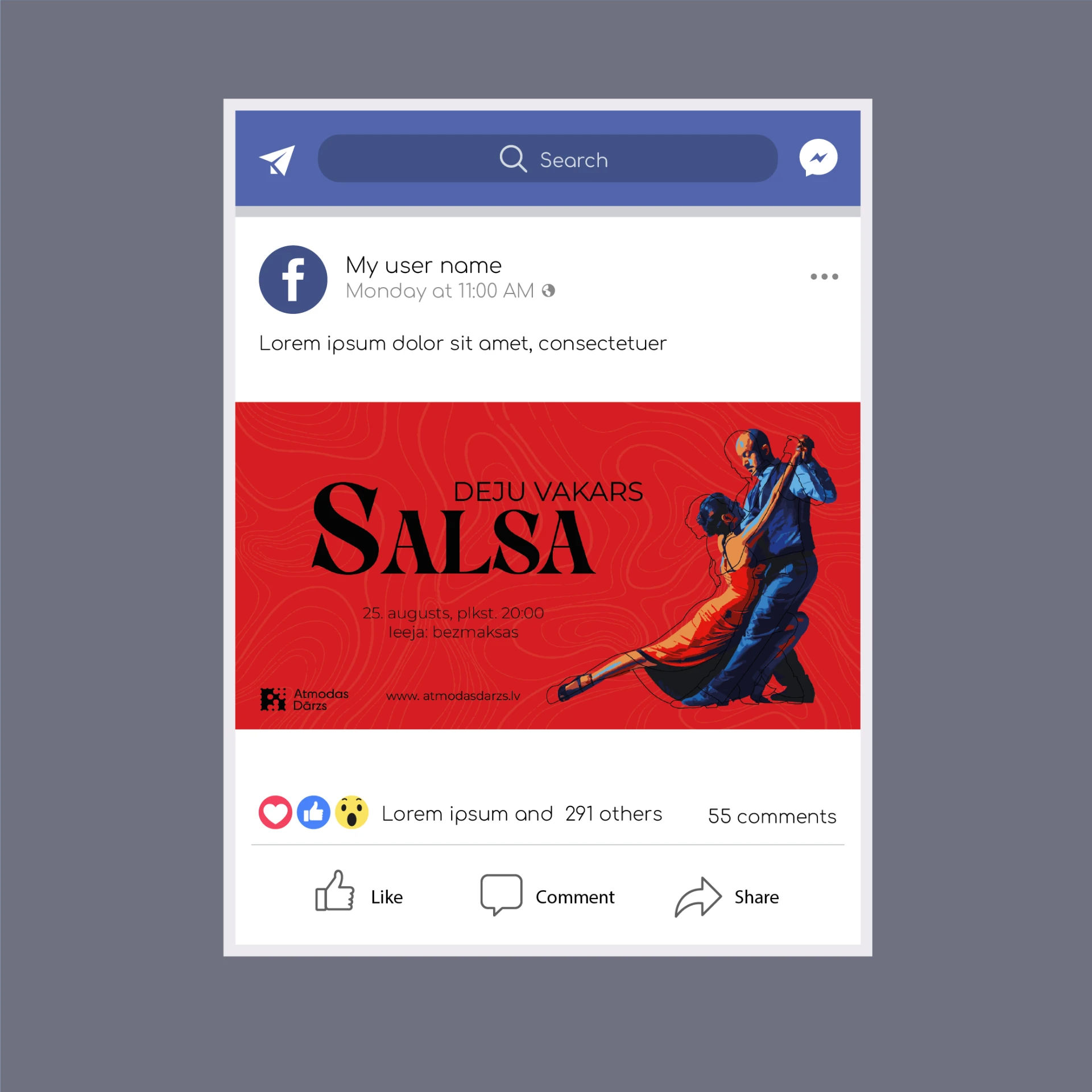 Salsa Night Facebook post in red — Atmodas Dārzs event graphics