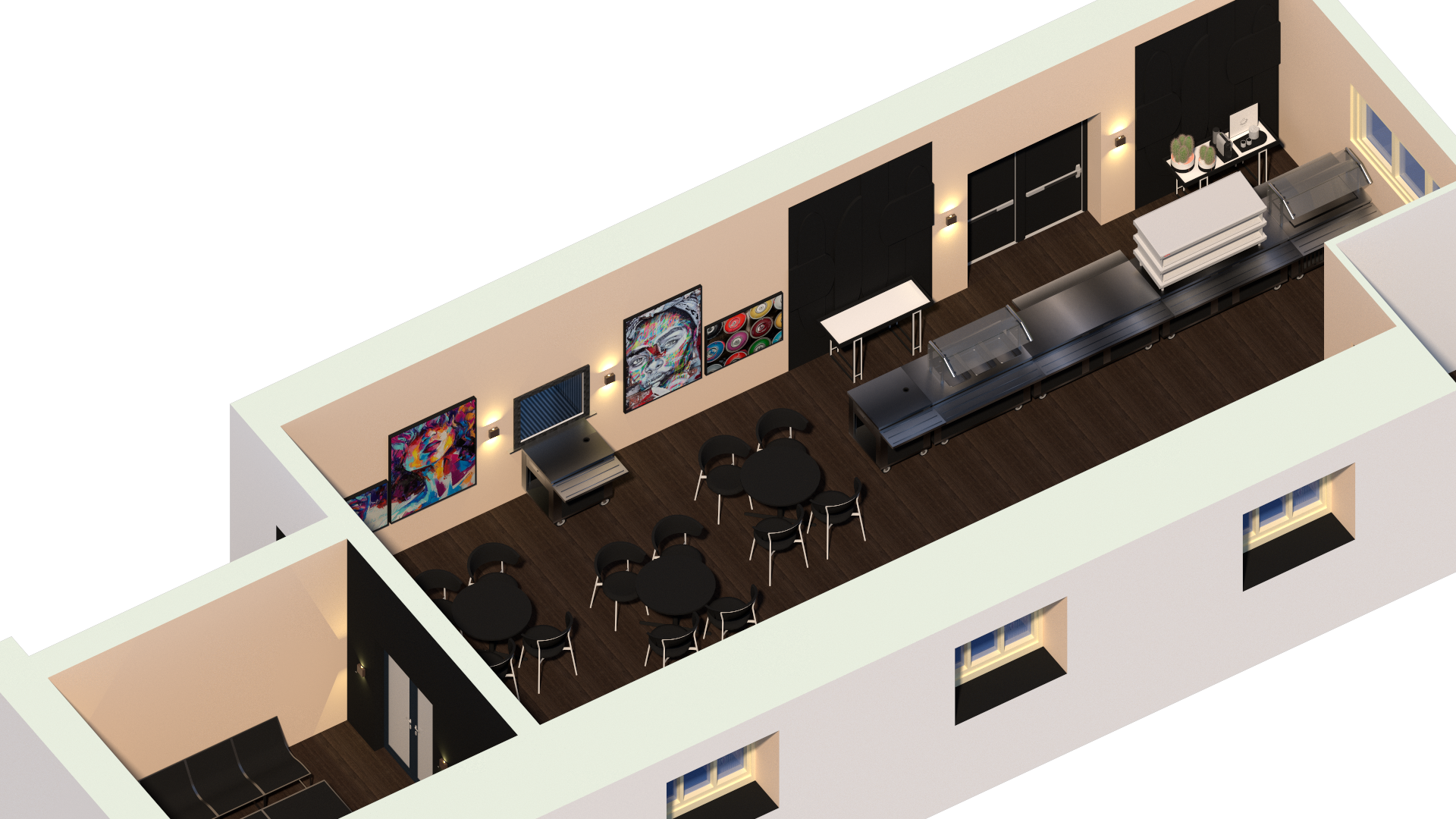 Isometric cutaway 3D render of the full café layout